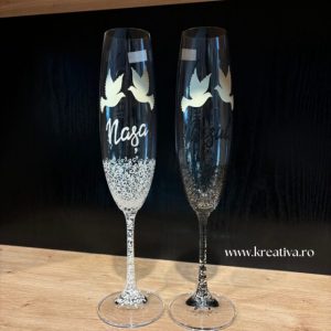 Set pahare pentru nuntă Naș-Nașă, din cristal